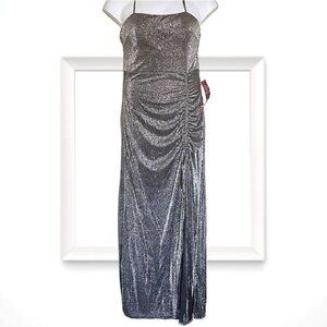 SILVER LUREX RUCHED FLOOR LENGTH SLEEVELESS PROM, FORMAL GOWN, SIZE 15